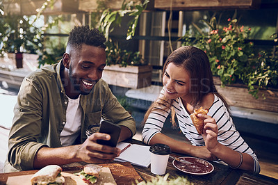 Buy stock photo Restaurant, happy and black man and woman with phone for social media, internet and online website. Coffee shop, communication and friends on smartphone laugh at meme, talking and chat at breakfast