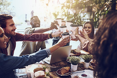 Buy stock photo Business people, coffee and cheers at meeting in cafe for celebration, company success or team building. Collaboration, creative employees and work social with food, happy and toast to client reunion