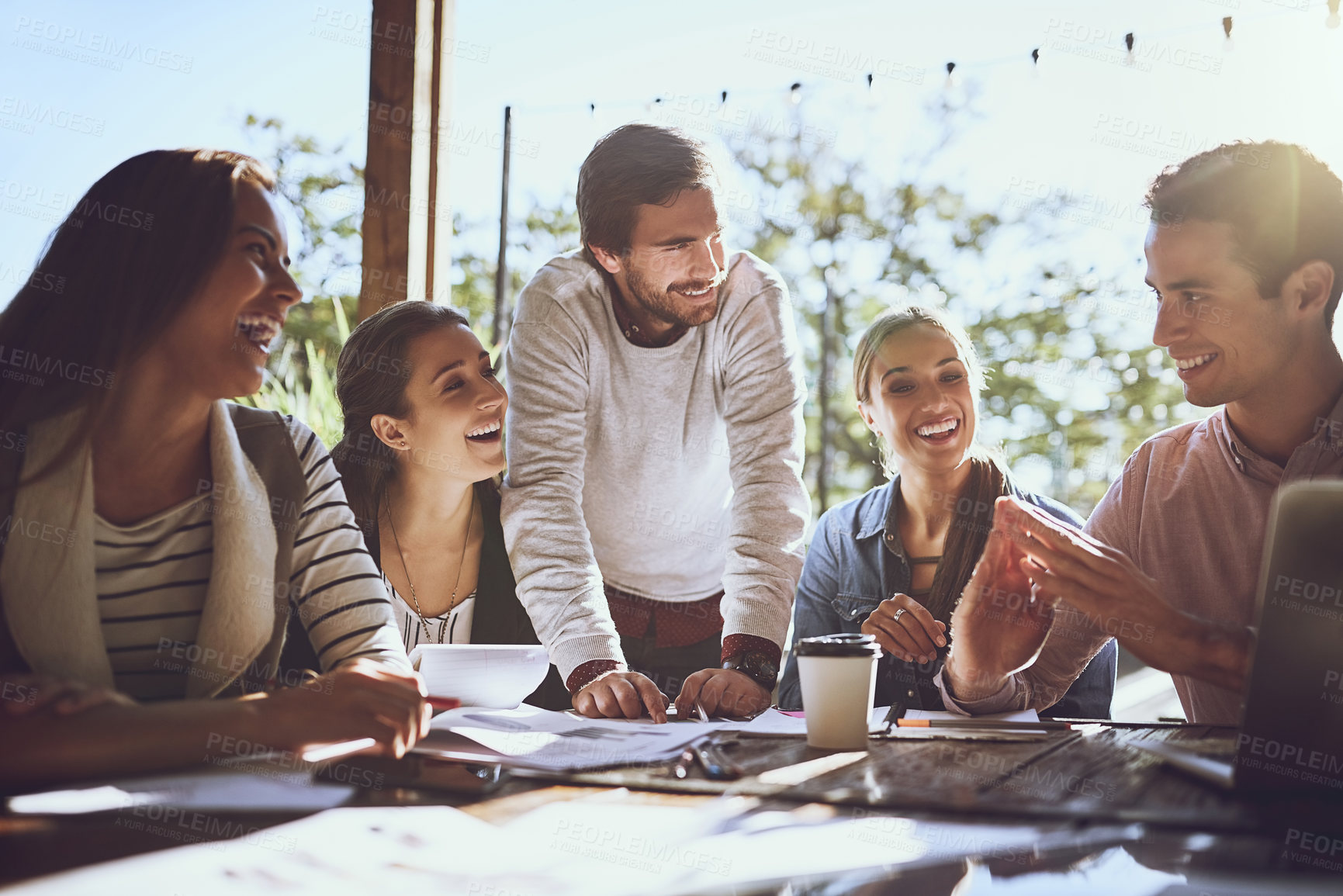 Buy stock photo Business, team and group in a meeting at a cafe, planning or brainstorming with conversation, partnership or collaboration. Staff, creative or coworkers share ideas, talking or teamwork in restaurant