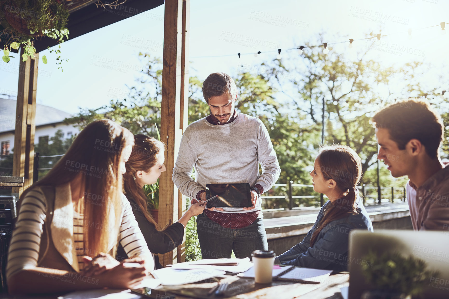 Buy stock photo Group of people, tablet screen and presentation with meeting, team building and together for proposal. Colleagues, collaboration and tech with mockup space as staff, worker and employee in restaurant