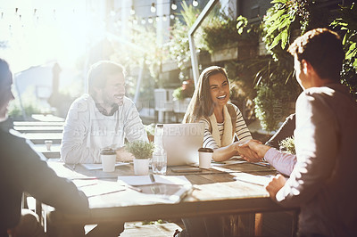 Buy stock photo Handshake, agreement and group of people outdoor with deal by contract for business meeting. Shaking hands, trust and welcome to team with employee for recruitment or partnership by collaboration