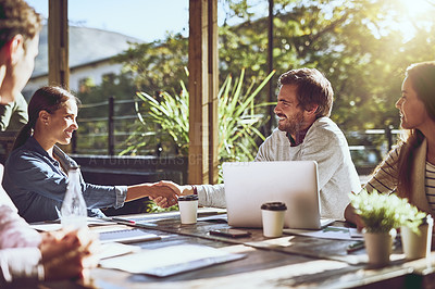 Buy stock photo Group of people, handshake and partnership with meeting, team building and together for proposal. Colleagues, collaboration and technology with agreement as staff, worker and employee in restaurant