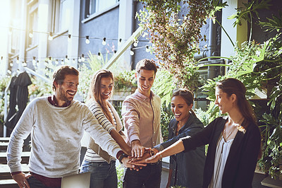 Buy stock photo Huddle, together and group of business people with agreement or celebration for success in meeting. Collaboration, trust and team building with solidarity for partnership or startup deal outdoor