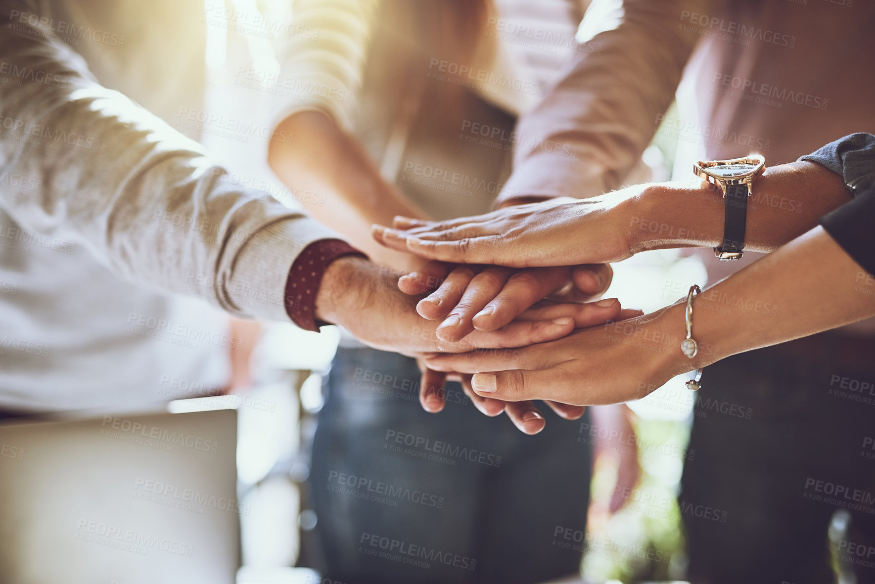 Buy stock photo ​​Group, teamwork and people with hands together for support, motivation or collaboration with project mission. Employees in circle with stack for business target, resilience and goals at startup job