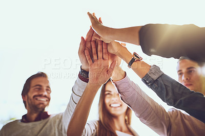 Buy stock photo Business people, hands and high five for winning, collaboration or success in unity outdoors. Happy group touching hand for teamwork, victory win or team building in solidarity together in nature