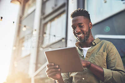 Buy stock photo Outdoor, tablet and black man with email, smile and communication with college, notification and online. Education, campus and acceptance to university, happiness and African person in Atlanta