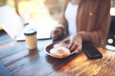 Buy stock photo Career person, cafe and customer with food, coffee and laptop for online meeting, remote work and relax. Hands, tech and restaurant for breakfast, beverage and out of office as creative digital nomad