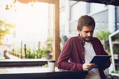 Buy stock photo Man, tablet and reading on web at cafe with contact, search and check notification on internet. Person, digital touchscreen and thinking with scroll, social network and application in coffee shop