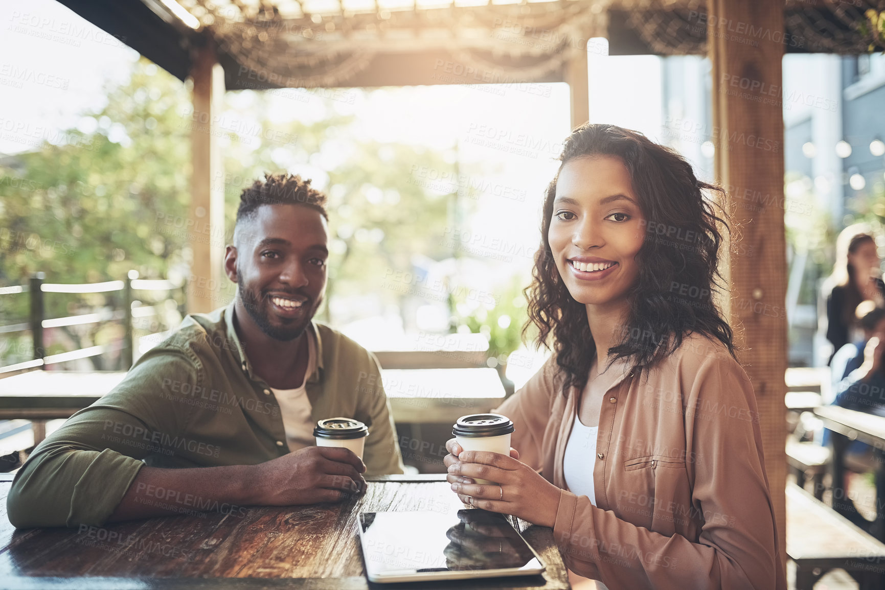 Buy stock photo Restaurant, internet and portrait of couple with tablet for online menu, search or connection. Technology, man and woman with love on date in coffee shop for digital survey, network or communication