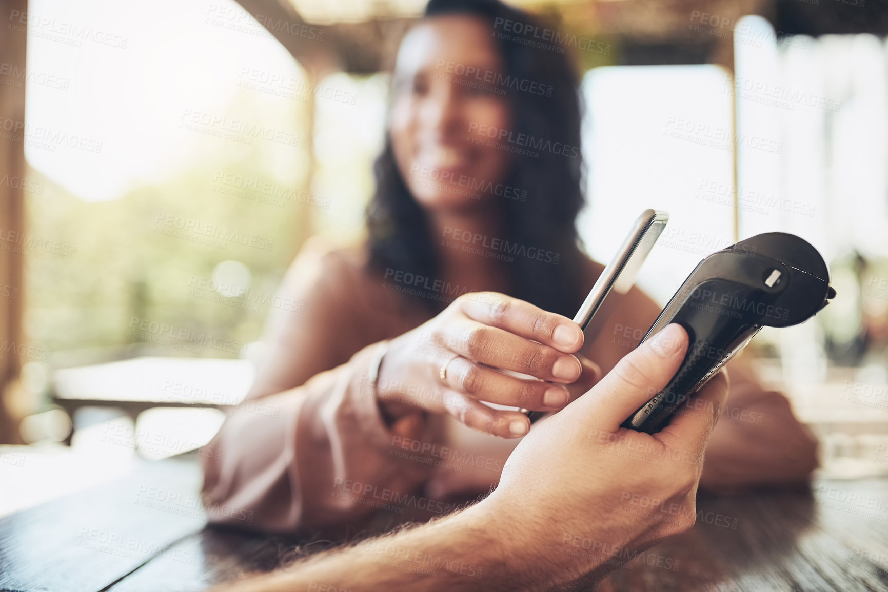 Buy stock photo Woman, smartphone and nfc terminal in coffee shop for payment by customer for waitress service. Finance, bill and pos with person paying paperless using wireless technology in cafe or restaurant