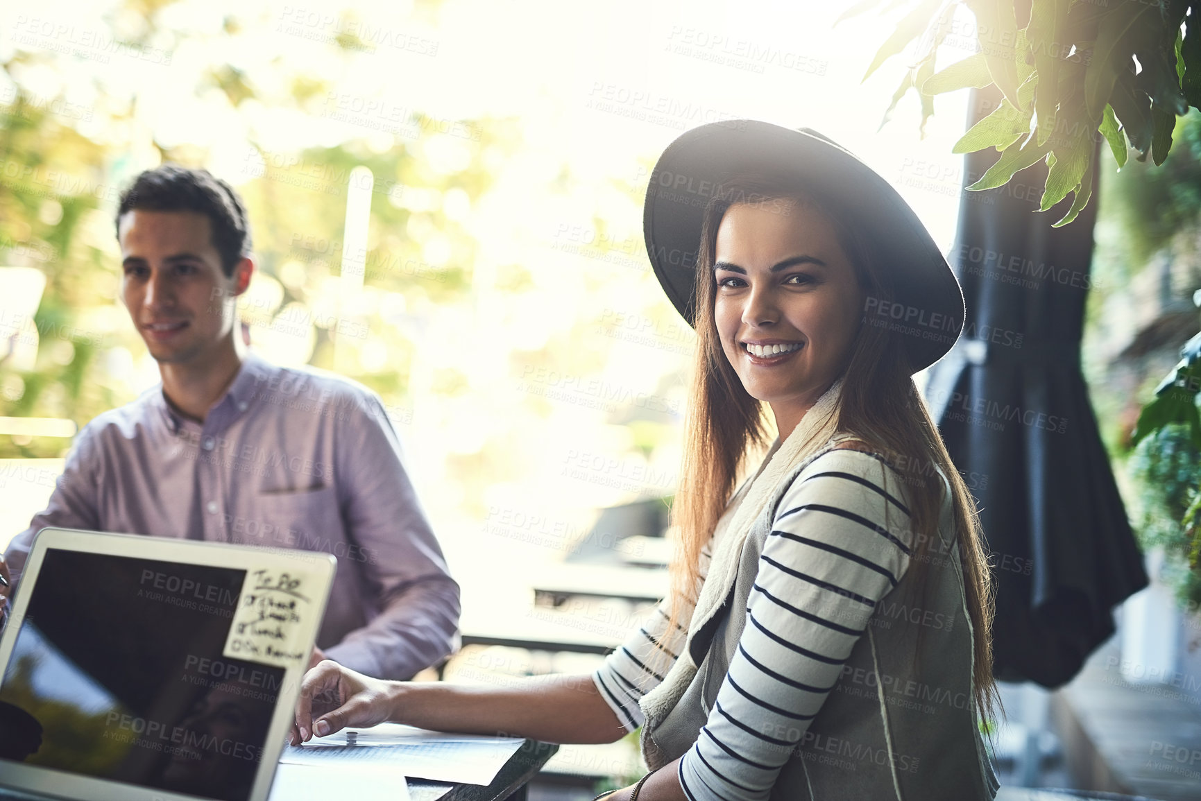 Buy stock photo Business people, portrait and woman with ideas, laptop and connection with planning, design agency and feedback. Face, employees and agent with pc, review and cooperation with creativity and project