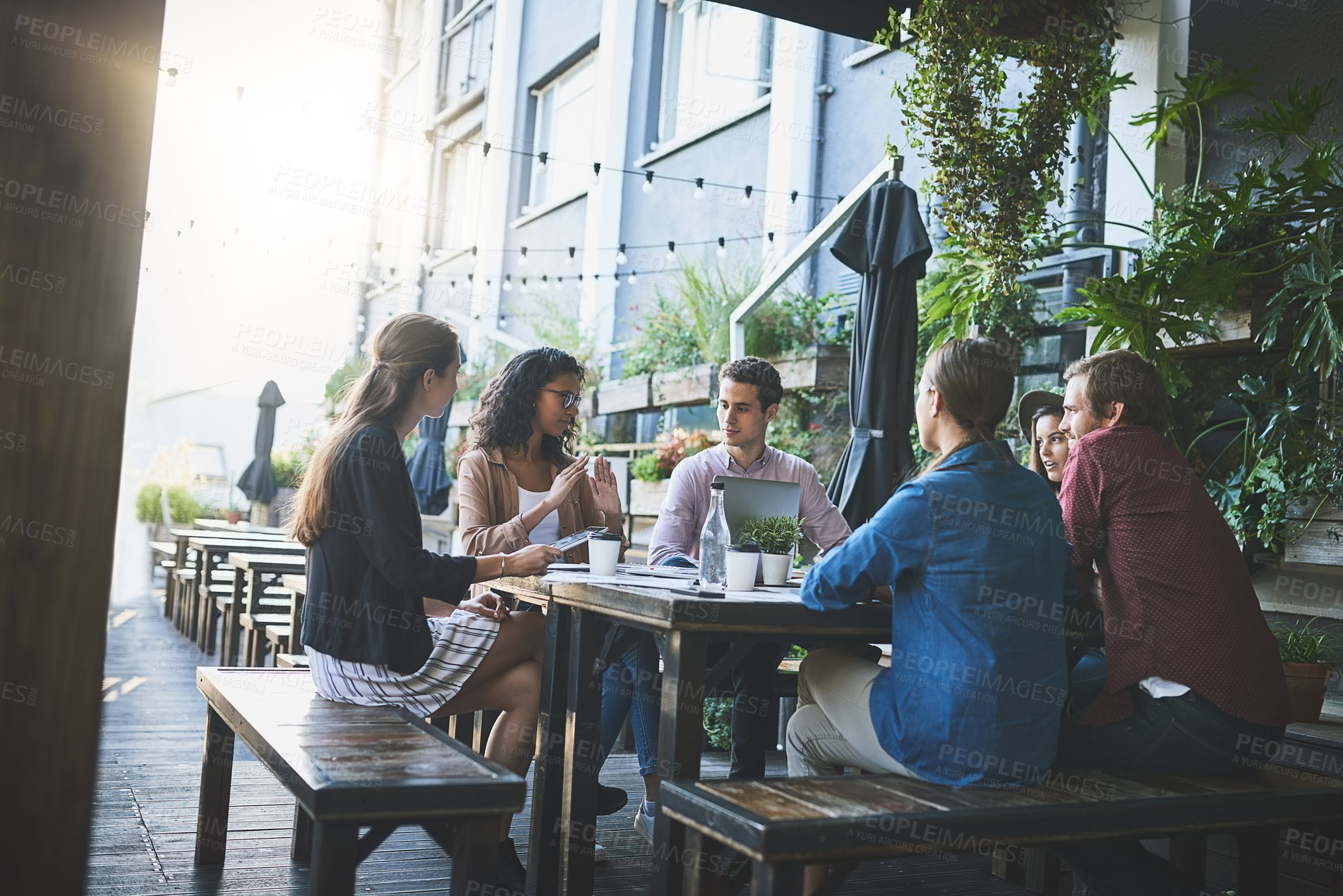 Buy stock photo Creative, meeting and people in cafe for strategy, planning and startup project development with teamwork at lunch. Collaboration, men and women in coffee shop with discussion, growth or design ideas