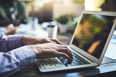 Buy stock photo Businessman, screen and hands typing on laptop, communication and employee or sticky note checklist or email report. Planning, online project and networking on desk, outside and wireless connection