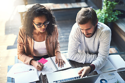 Buy stock photo Business people, collaboration and laptop in meeting at cafe with top view, discussion and remote work. Teamwork, data analysis and designers with brainstorming, creative ideas and infographics