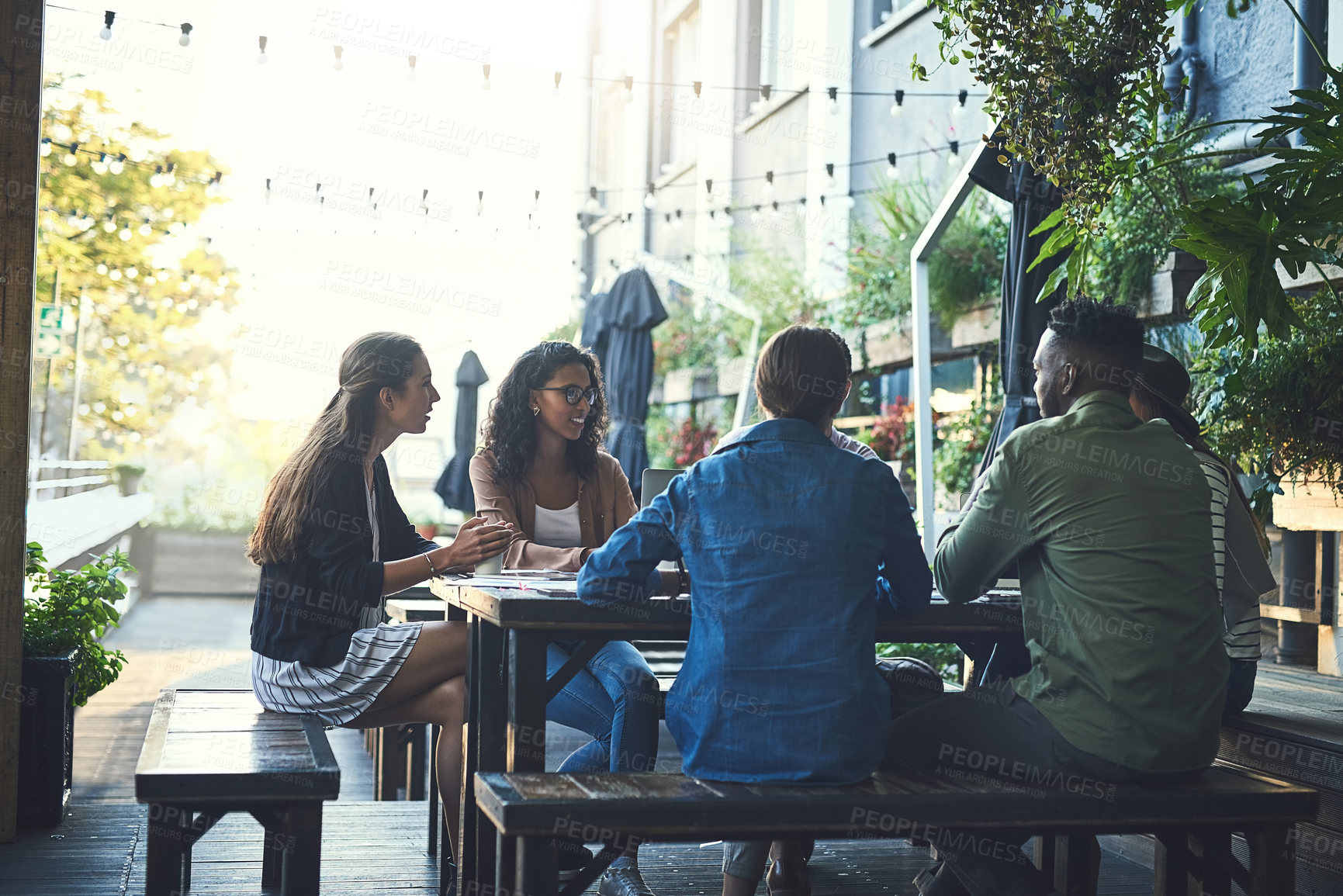 Buy stock photo Creative, meeting and group of people in cafe for planning, strategy and startup project development with teamwork. Collaboration, men and women in coffee shop with discussion, growth or design ideas