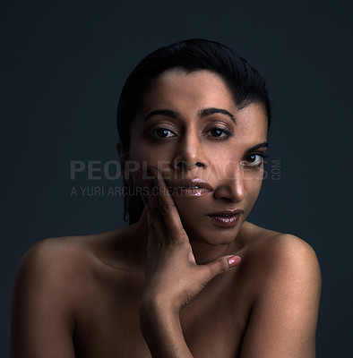 Buy stock photo Mental health, double exposure and portrait of woman in studio with bipolar, schizophrenia or anxiety on black background. Face, split personality or model with BPD, horror or psychology conflict