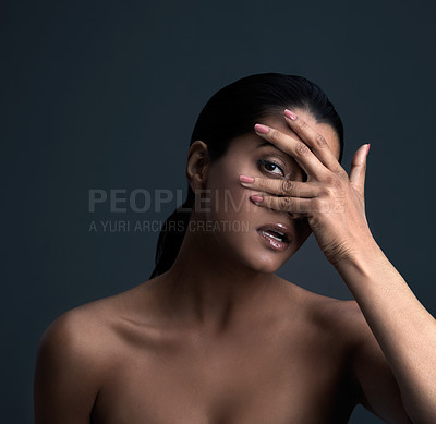 Buy stock photo Portrait, manicure and woman with hands on face for beauty mystery, glow or skincare on black studio background. Cover, model and facial treatment at spa for dermatology, aesthetic or makeup cosmetic