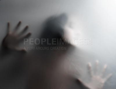 Buy stock photo Fabric, hands and figure on studio for depression, art and anxiety, phobia and claustrophobia with mockup. Horror, stress and model person with mind, trauma or psychology, crisis and trapped screen