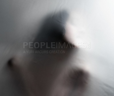 Buy stock photo Screen, fabric or body in studio for depression, art and anxiety, phobia or bipolar with mockup. Horror, stress and model person with mind, trauma or psychology, crisis and trapped nightmare conflict