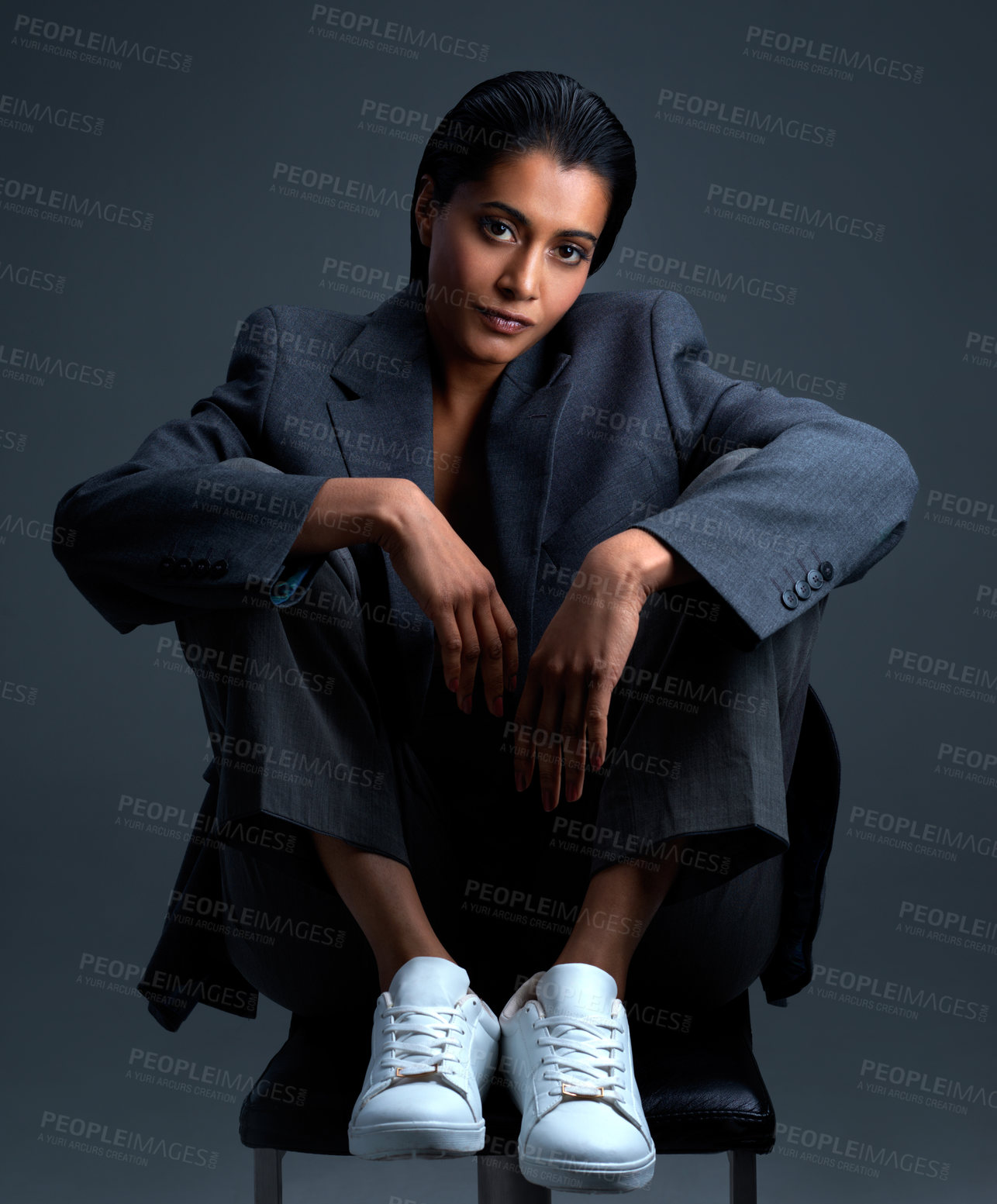 Buy stock photo Style, creative and portrait of woman in studio for fashion director, design campaign and branding. Trend forecast, unique and confidence with person on gray background for event, season and launch