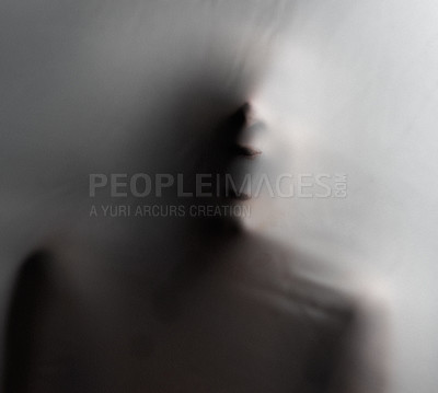 Buy stock photo Cropped shot of an unrecognizable woman trapped behind a hazy film