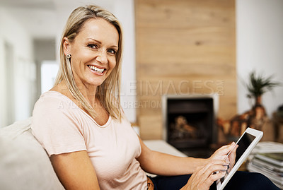 Buy stock photo Woman, portrait and tablet on sofa for social media, scroll and news report online on couch. Technology, internet and search on digital website in home, female person or lounge for relax and network
