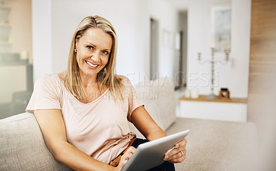 Buy stock photo Woman, portrait and tablet on sofa for social media, scroll and news report online on couch. Technology, internet and search on digital website in home, female person or lounge for relax and network
