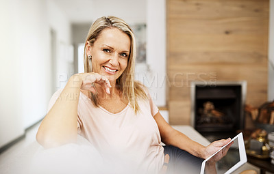 Buy stock photo Woman, portrait and tablet on sofa for social media, scroll and news report online on couch. Technology, internet and search on digital website in home, female person or lounge for relax and network