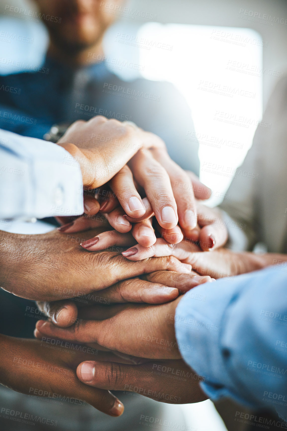 Buy stock photo Group, business people and hands stack for meeting, collaboration or diversity in workplace community. Crowd, planning or teamwork at company office for staff commitment, together for support