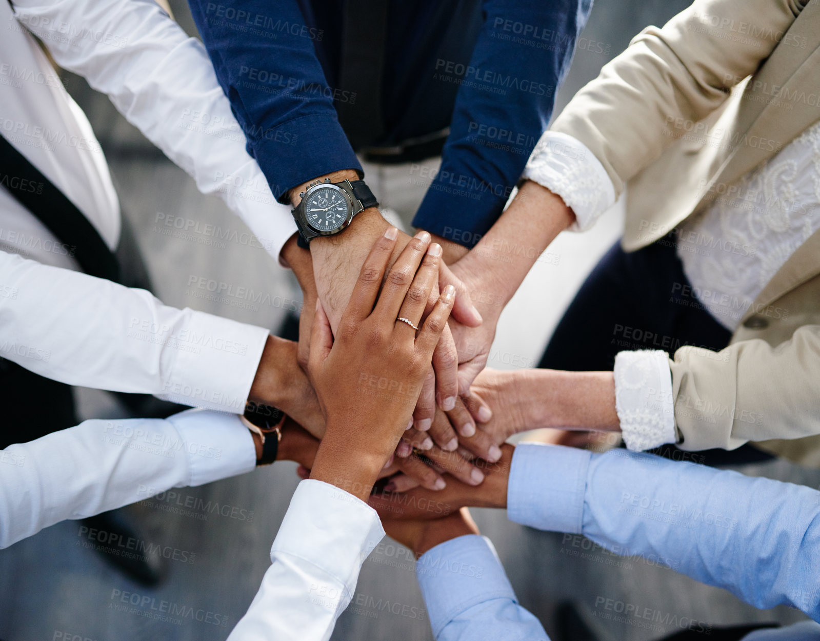 Buy stock photo Crowd, business people and hands stack for solidarity, collaboration or diversity in workplace community. Group, above circle and teamwork at company office for staff commitment, together for support