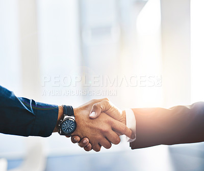 Buy stock photo Business people, handshake and meeting for b2b deal, discussion and company with crm contract. Office, workers or employees with teamwork or collaboration in workplace for finance or accounting