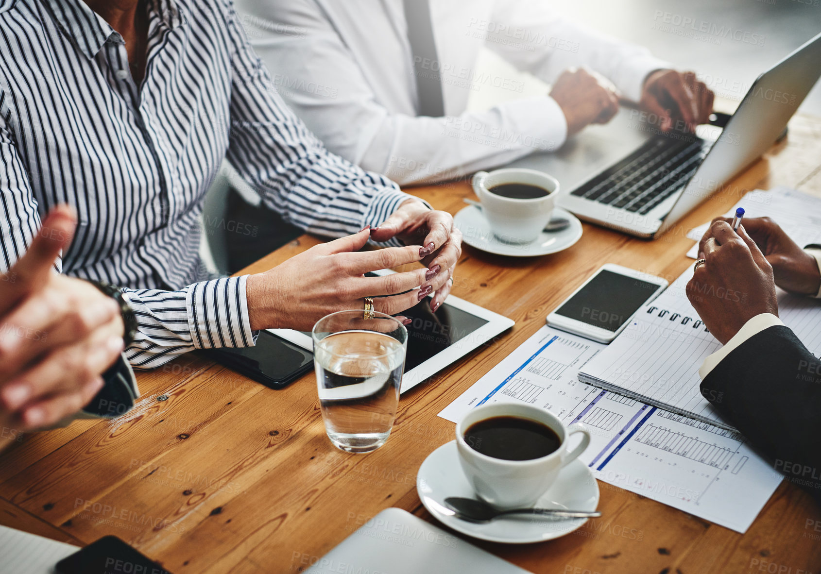 Buy stock photo Hands, notes and laptop for brainstorming, meeting and teamwork of people, research and report for budget. Deadline, online and paperwork of company, desk and auditor in office for collaboration