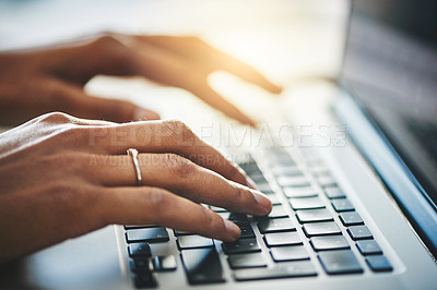 Buy stock photo Hands, keyboard and typing in office at desk for crypto, trading on stock market for financial wellness. Laptop, person or working at table for blockchain technology, online with computer for economy