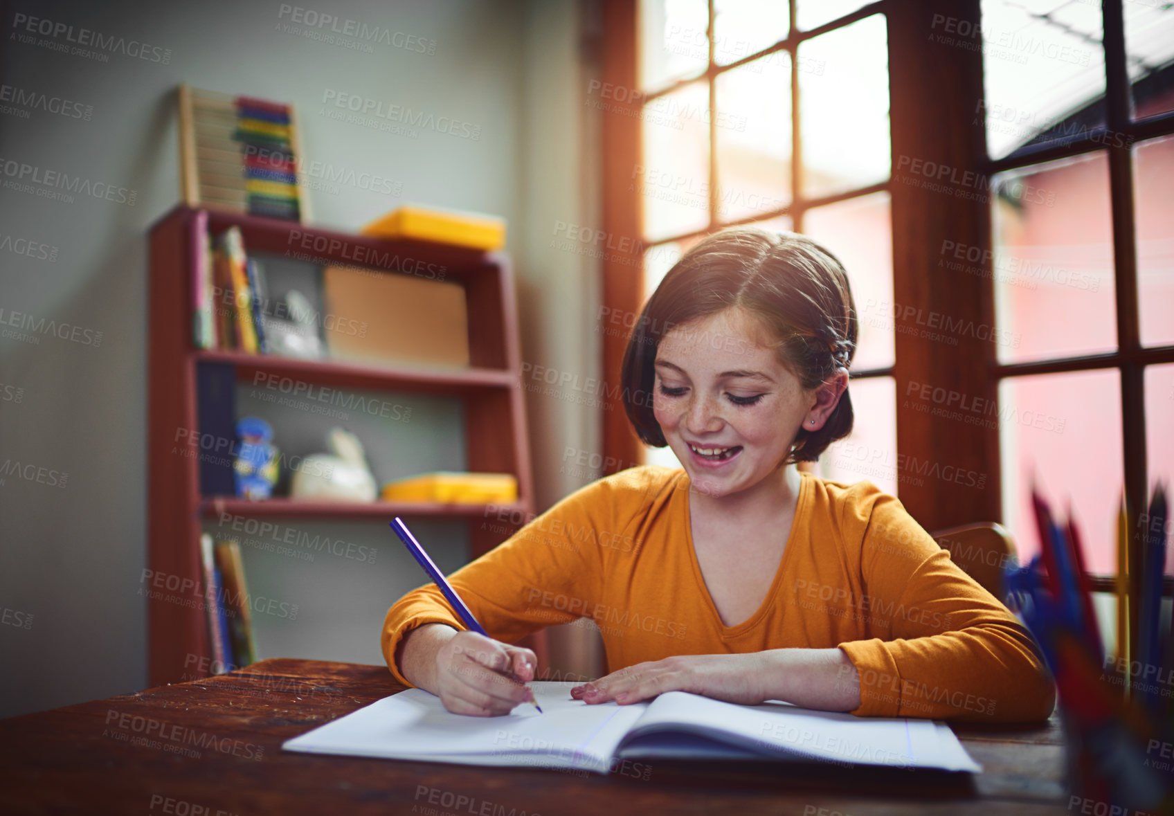 Buy stock photo Homework, education and girl child writing with studying for private school admission exam. Scholarship, learning and kid student reading, book and preparing for assignment or test in house.