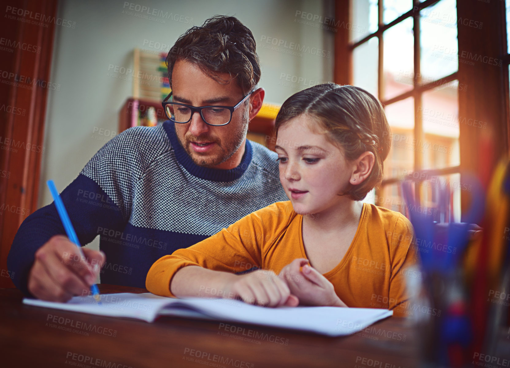 Buy stock photo Homework, learning and father helping child with studying for private school admission exam. Scholarship, education and dad with girl kid student reading, writing and preparing for test in house.