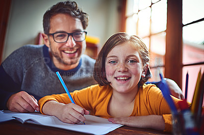 Buy stock photo Homework, portrait and father helping child with studying for private school admission exam. Education, learning and dad with girl kid student reading, writing and preparing for test in house.