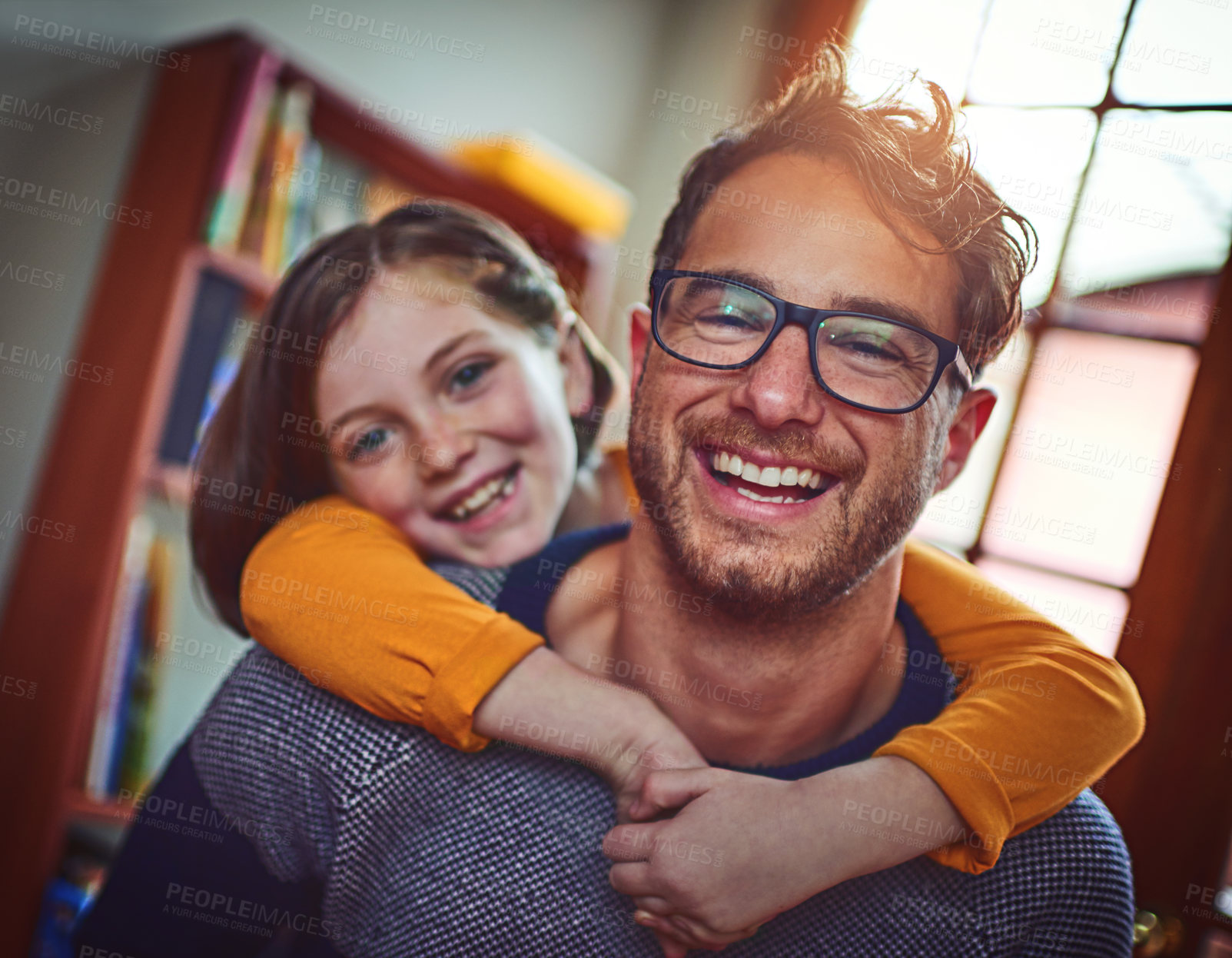 Buy stock photo Home, father and child in portrait for hug, connection and bonding together with happiness on weekend. Family, papa and girl with love embrace for security, dad and daughter relationship in apartment