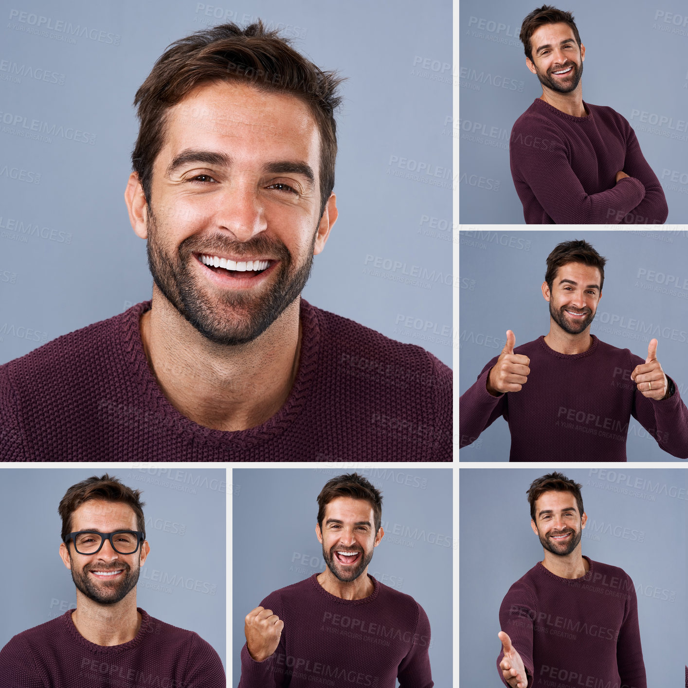 Buy stock photo Happy man, portrait and montage with expressions for collection, collage or album on a studio background. Young, male person or handsome model with smile in series, joy or confidence for composite