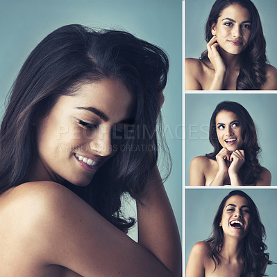 Buy stock photo Composite shot of an attractive young woman striking different types of poses inside of a studio