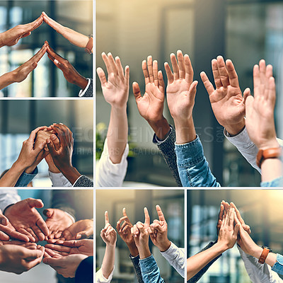 Buy stock photo Composite shot of a group of unrecognizable people putting up their hands and using different types of gestures inside of a office