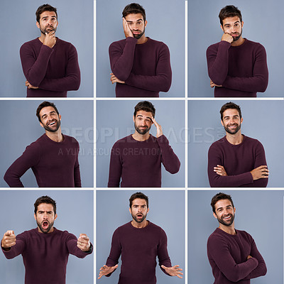 Buy stock photo Composite shot of a young man expressing different types of facial expressions inside of a studio