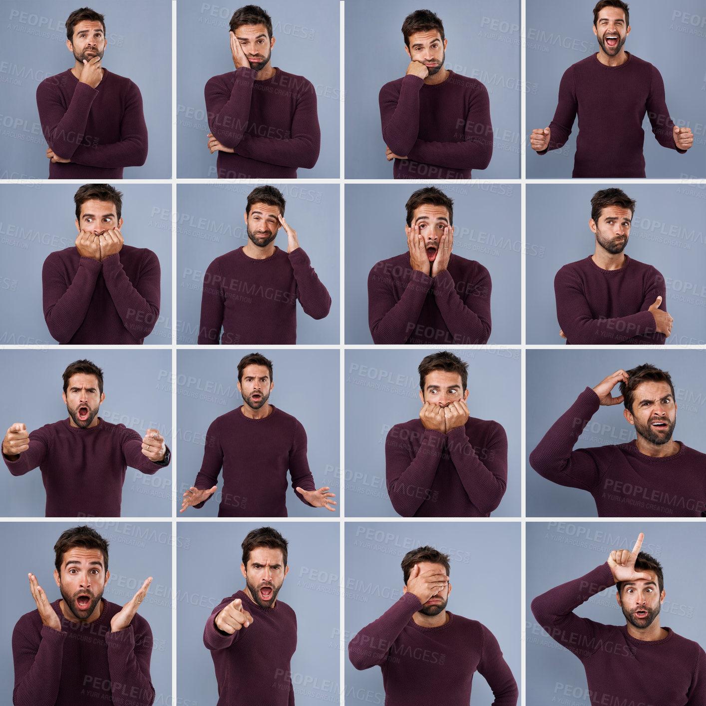 Buy stock photo Composite shot of a young man expressing different types of facial expressions inside of a studio