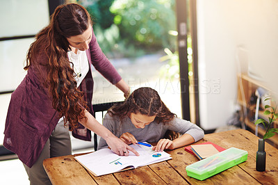 Buy stock photo Mother, child and help with homework for studying, math and knowledge in home school project. Girl, mom and teaching kid reading book for education, development and learning for support in lesson