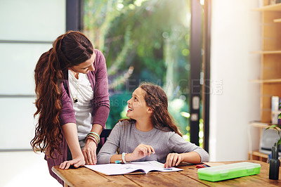 Buy stock photo Mother, happy kid and help with homework for learning, studying and knowledge in home school. Girl, mom and teaching child reading book for education support, development or family laughing in lesson