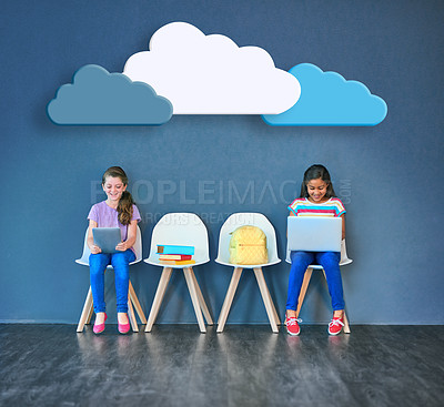 Buy stock photo Cloud, technology and education with children in studio for online classes, connection and remote learning. Study portal, virtual school and knowledge with students on wall background for webinar