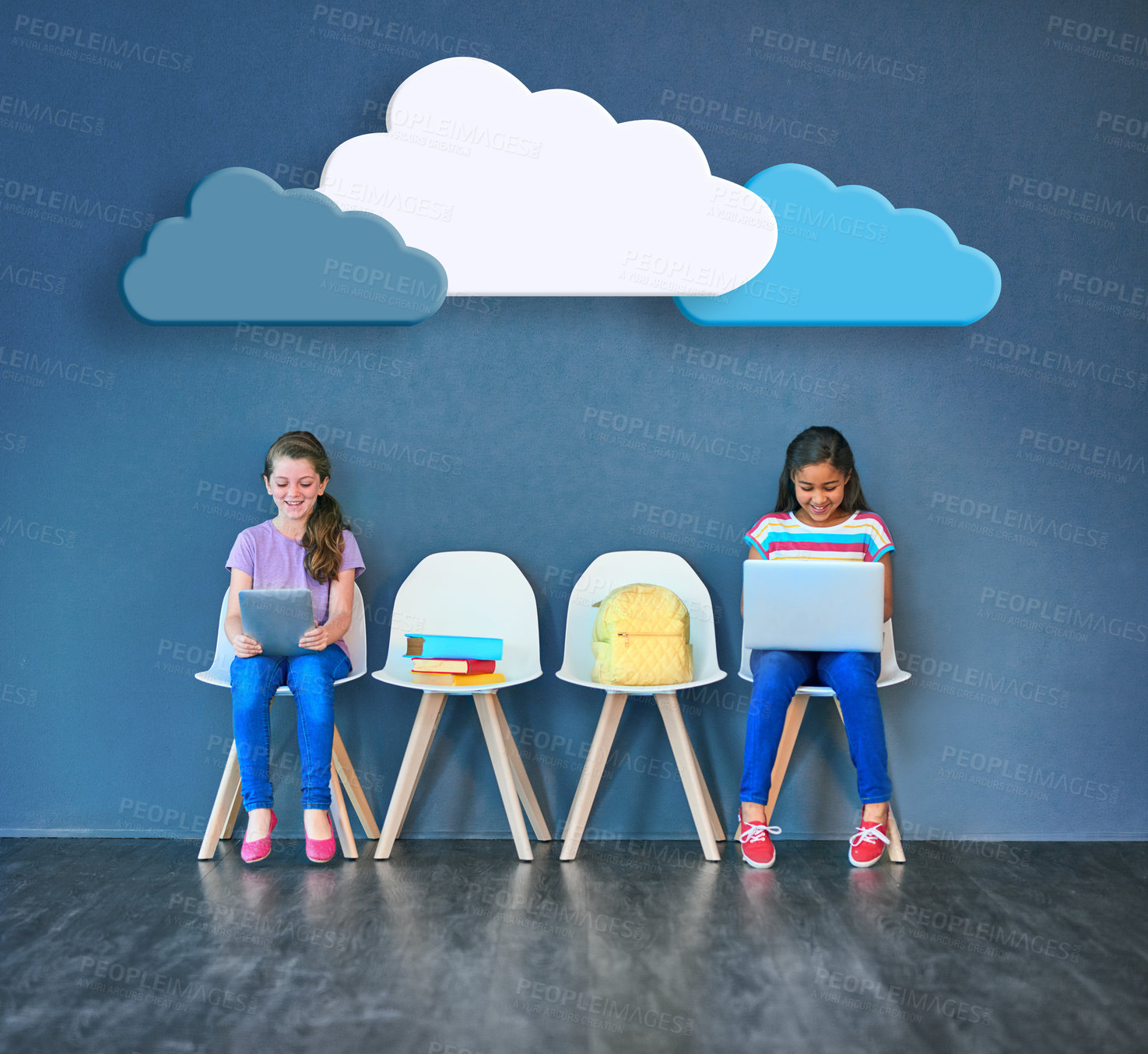 Buy stock photo Cloud, technology and education with children in studio for online classes, connection and remote learning. Study portal, virtual school and knowledge with students on wall background for webinar