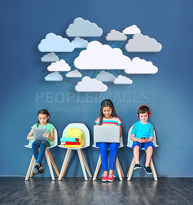 Buy stock photo Cloud, technology and learning with children in studio for online classes, connection and remote education. Study portal, virtual school and knowledge with students on wall background for webinar