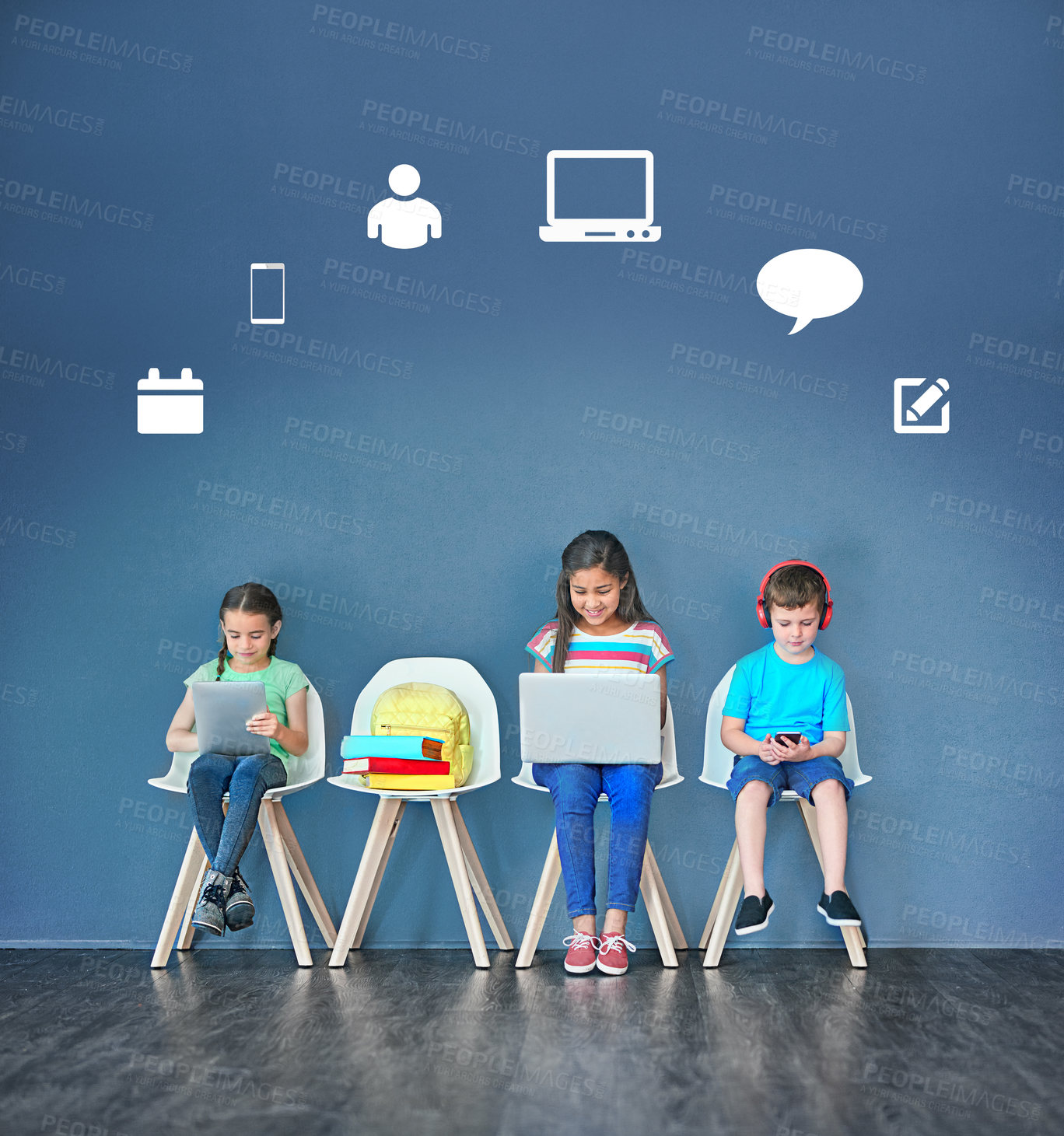 Buy stock photo Studio shot of kids sitting on chairs and using wireless technology with technological icons above them against a blue background