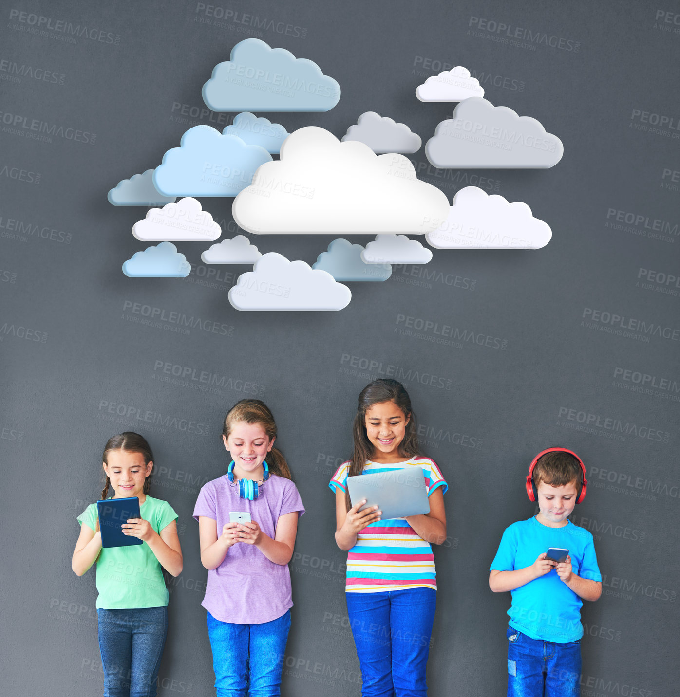Buy stock photo Studio shot of kids using wireless technology with clouds above them against a gray background