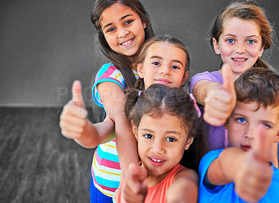 Buy stock photo Children, group and thumbs up in portrait at school for learning success, education approval and yes to knowledge. Students, kids and diversity with hand gesture for thank you, agreement and happy